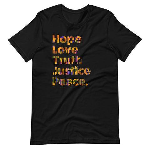 SaySo Gifts and Apparel Hope Love Truth Justice Peace T-Shirt in Black, Men's and Women's Christian Inspirational T-Shirt, Christian Streetwear Brand 
