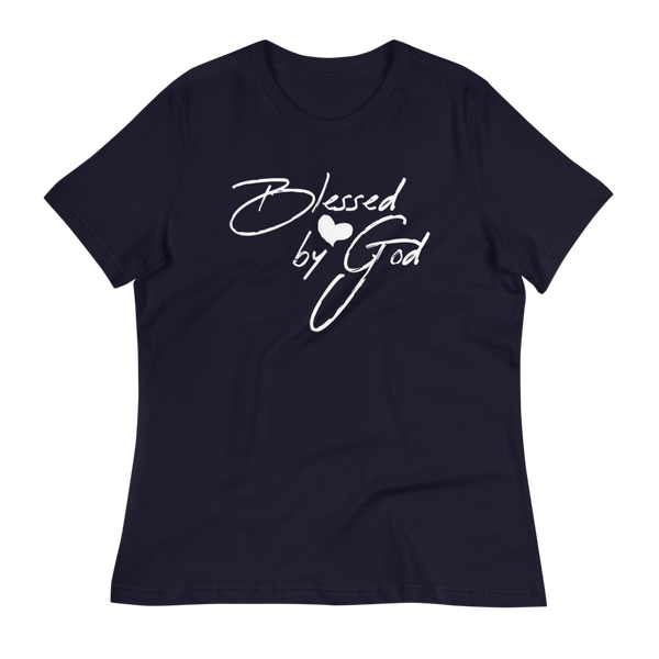 SaySo Gifts and Apparel Blessed by God Relaxed Women's T-Shirt in Navy, Christian T-Shirts for Women, Inspirational T-Shirts