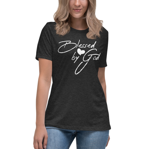 SaySo Gifts and Apparel Blessed by God Relaxed Women's T-Shirt in Dark Heather Gray, Christian T-Shirts for Women, Inspirational T-Shirts