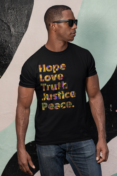 SaySo Gifts and Apparel Hope Love Truth Justice Peace T-Shirt in Black with Kente Cloth Pattern, Men's and Women's Christian Inspirational T-Shirt, Christian Streetwear Brand
