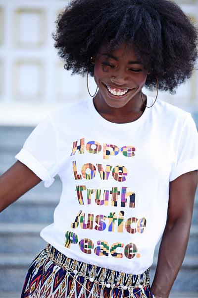 SaySo Gifts and Apparel Hope Love Truth Justice Peace T-Shirt in White, Men's and Women's Christian Inspirational T-Shirt, Christian Streetwear Brand