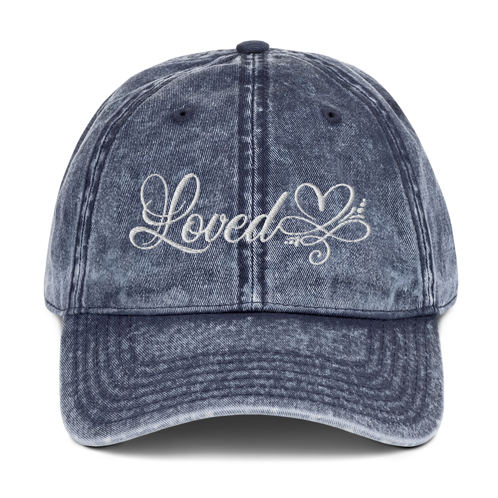 SaySo Gifts and Apparel Loved Vintage Dad Hat in Denim Blue, Inspirational Hats for Women, Christian Hats for Women